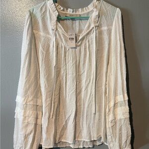 LOFT Ivory Textured Peasant Blouse with Tie Neck